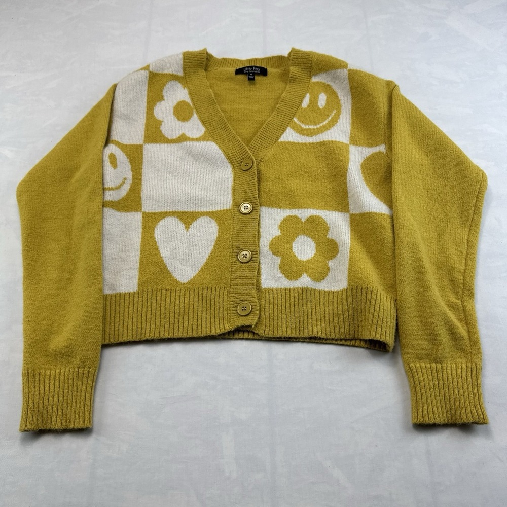 Witty Fox Smiley Flower Checker Cardigan Sweater Yellow White Medium